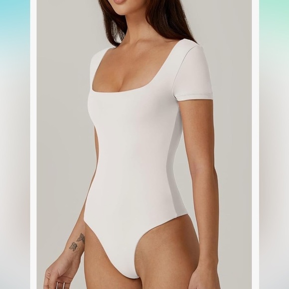 NWT QINSEN Square Neck Short Sleeve Double-Layer Bodysuit Fashion T-Shirt Tops - Picture 2 of 7